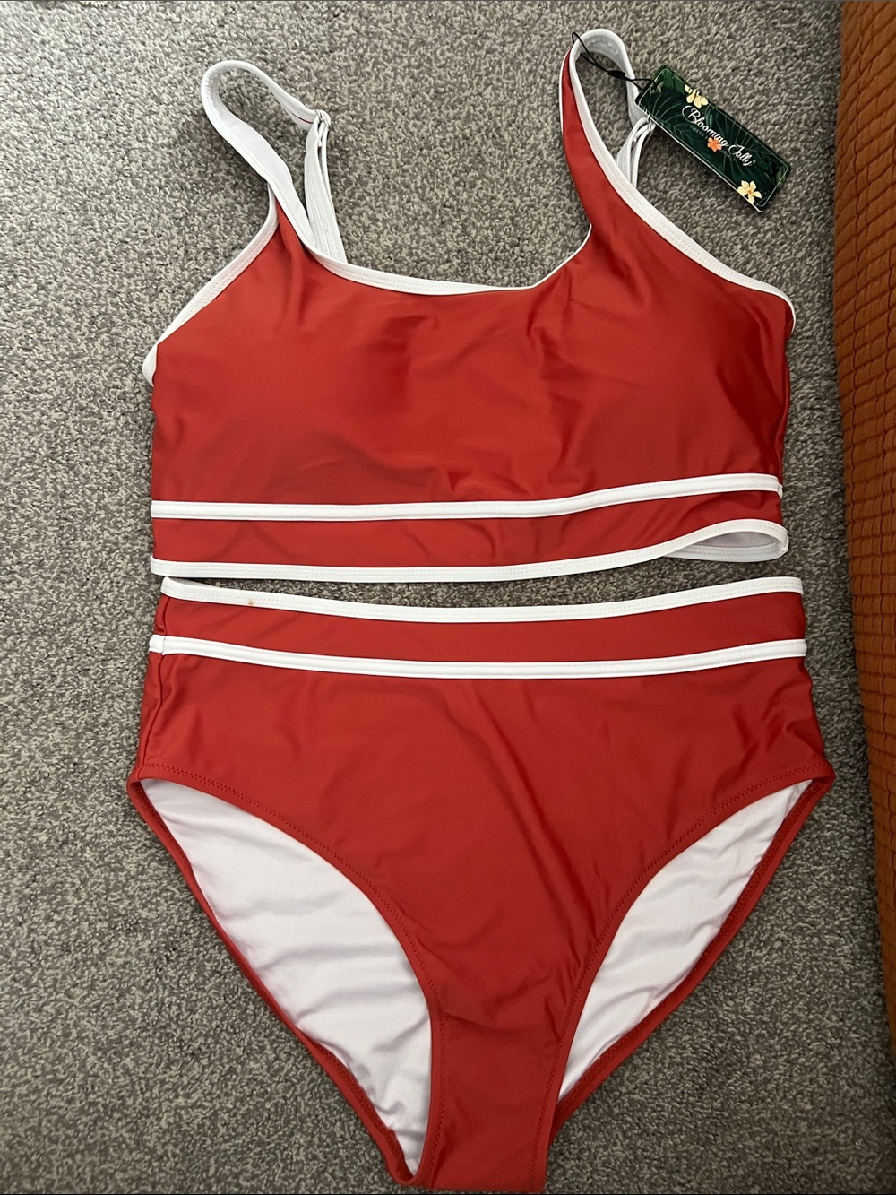Burnt orange High-Waist Bikini Set with White Trim